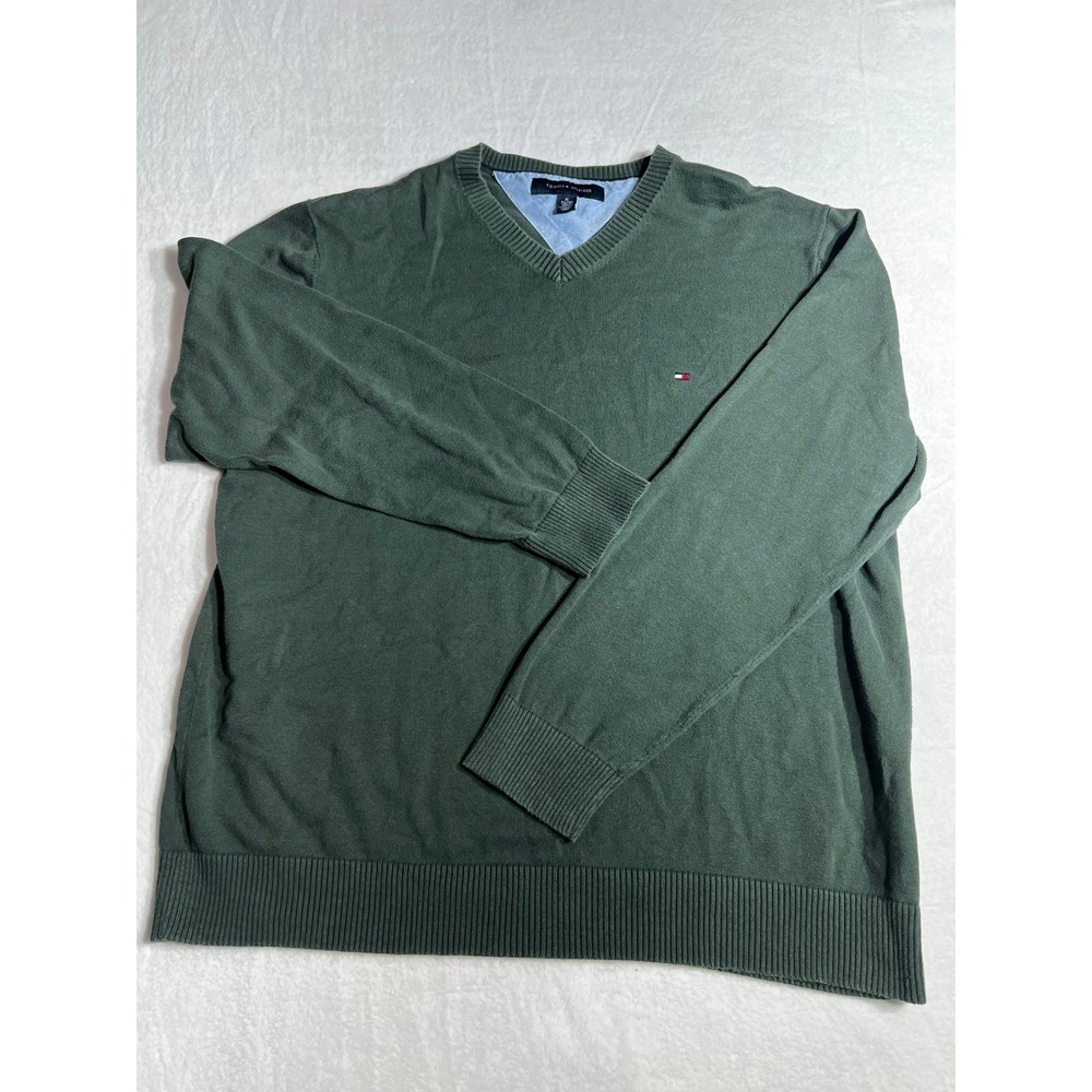 Tommy Hilfiger Mens XL Green V-Neck Long Sleeve Knit Sweater Logo Pullover - Picture 2 of 9